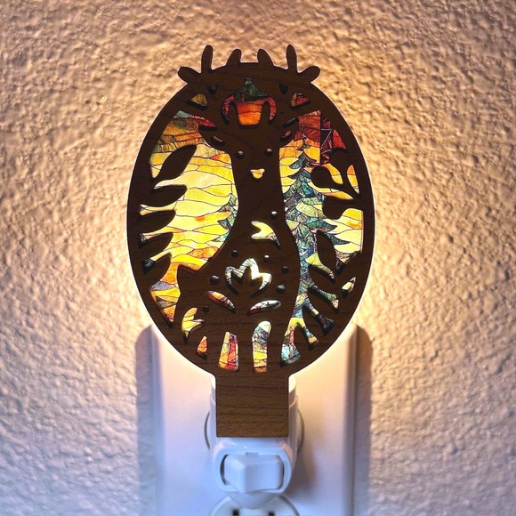 Bone and Bloom Other - Handcrafted Wood Deer Night Light Stained Glass Style Forest LED Wall Plug-In